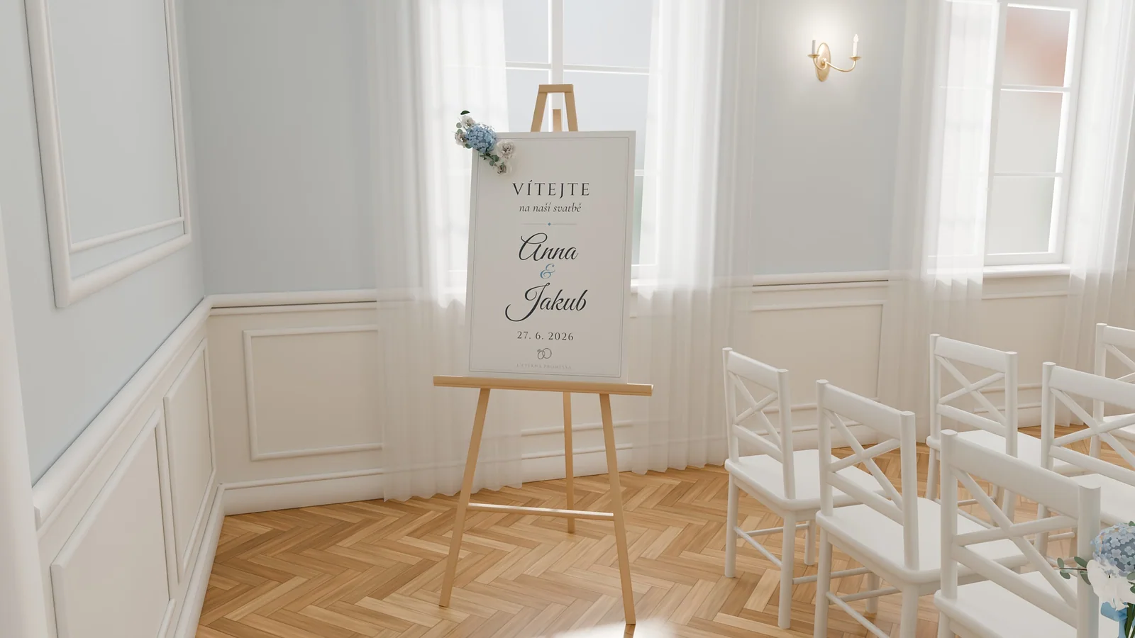 Vizualizace uvítací cedule se jmény na stojanu ve světlé obřadní síni radnice