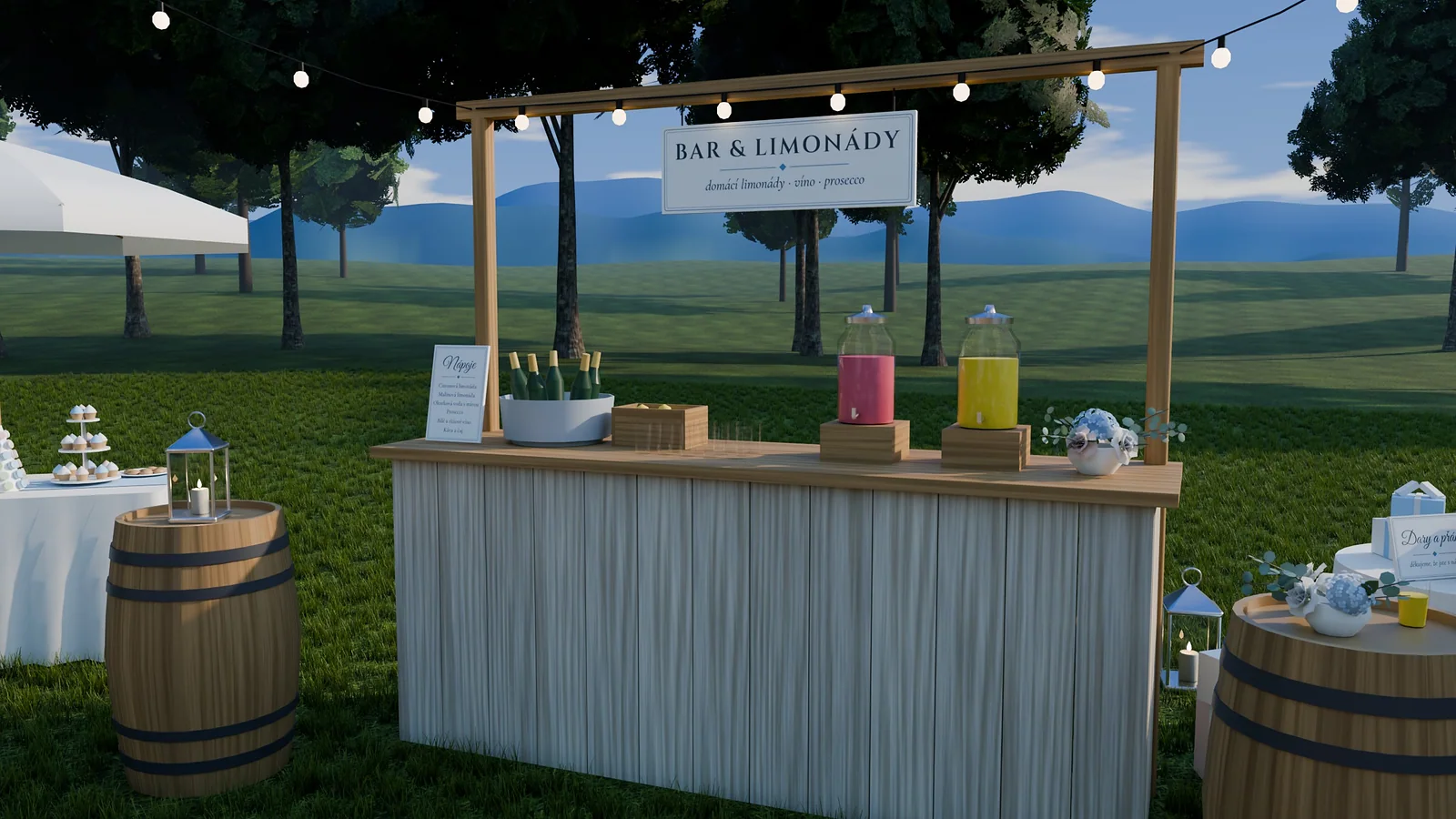 Vizualizace: bar s limonádou v zahradě: dřevěný pult s nápoji pod pergolou, vedle sudy