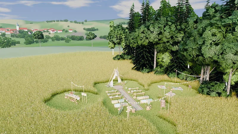 Vizualizace svatby na louce z nadhledu, tak jak ji ukazuje 3D návrh